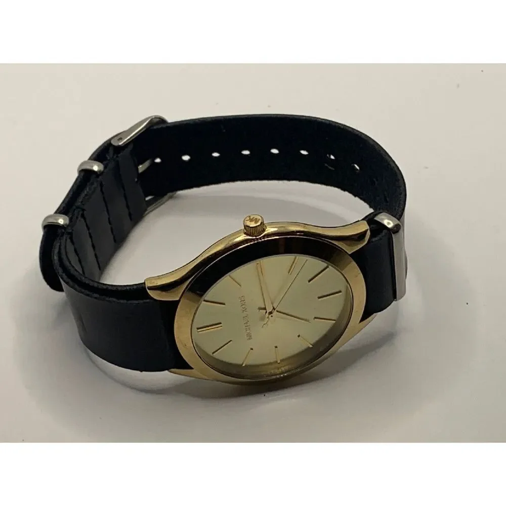 Michael Kors MK3179 Women's Black Leather Strap Analog Gold dial Watch KL194